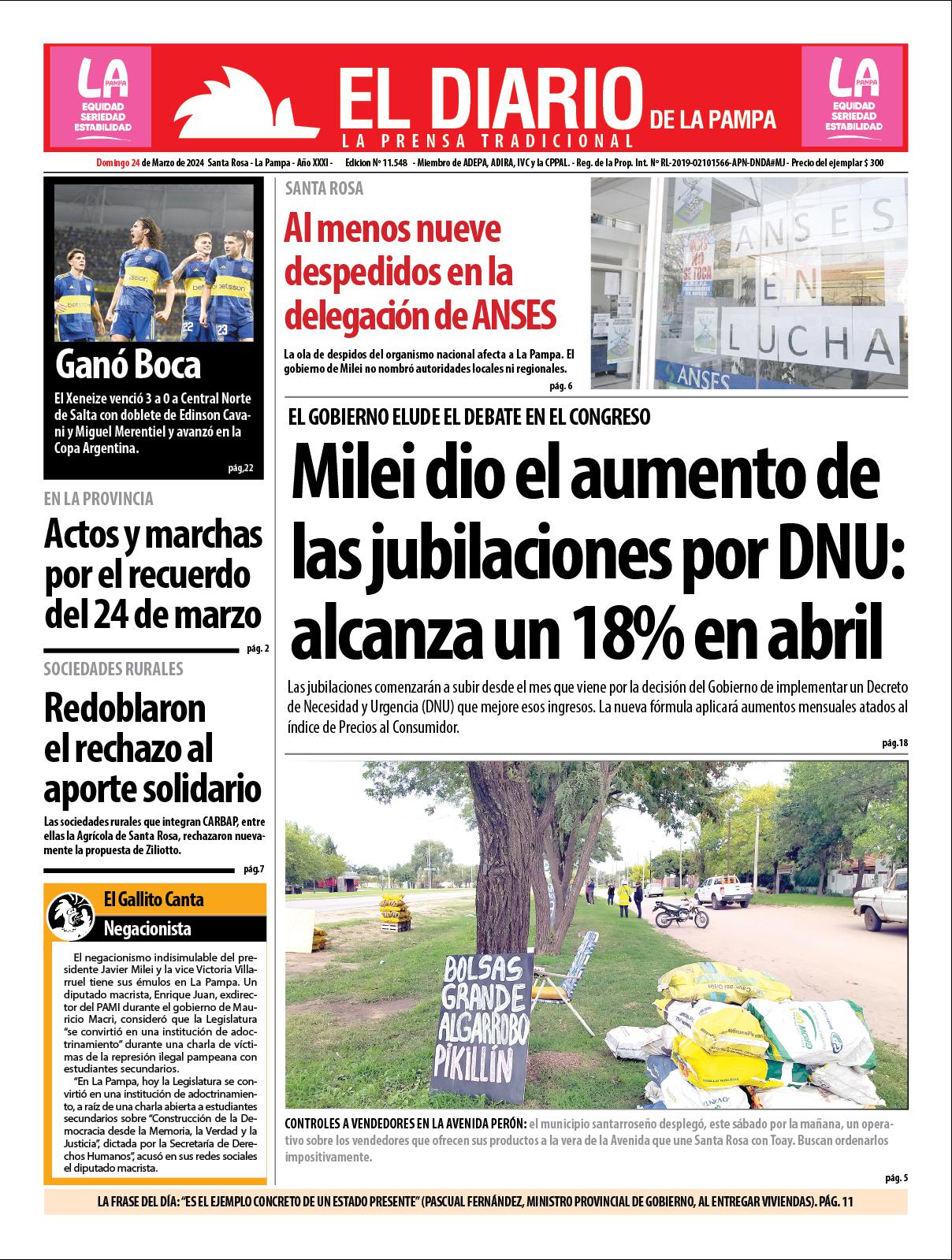Tapa de El Diario en papel  domingo 24 de marzo de 2024